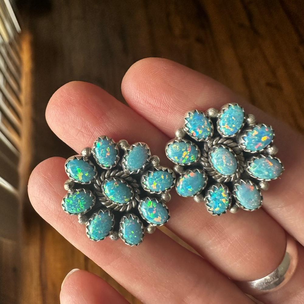 Blue spider opal small cluster earrings